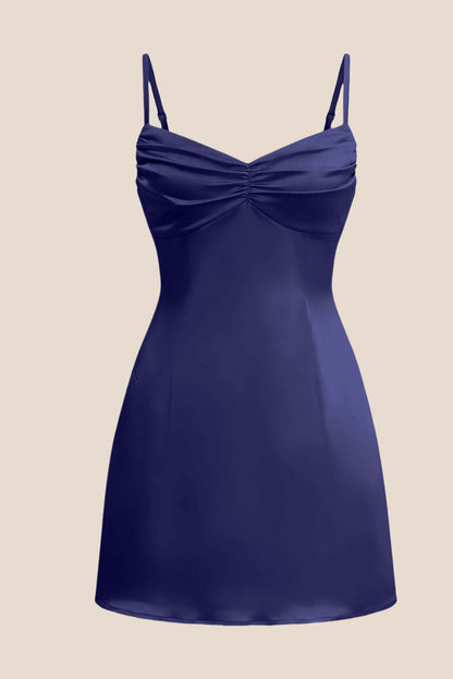 Straps Pink Ruched Satin Short Dress