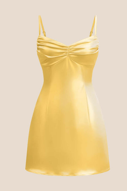 Straps Pink Ruched Satin Short Dress