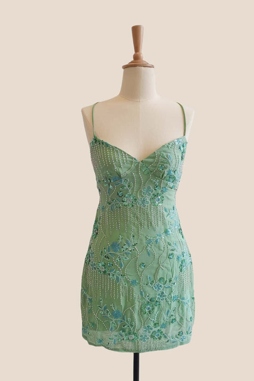 Straps Green Sequin Fitted Short Dress