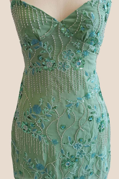 Straps Green Sequin Fitted Short Dress