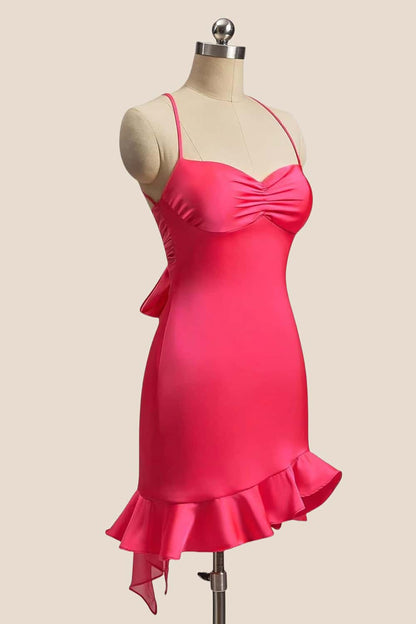 Straps Hot Pink Ruched Ruffle Fitted Dress