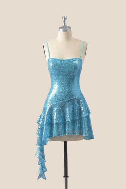 Straps Dark Green Sequin Ruffle A-line Dress