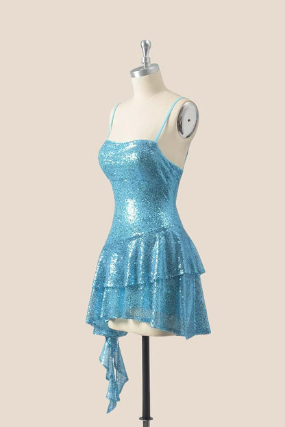 Straps Dark Green Sequin Ruffle A-line Dress