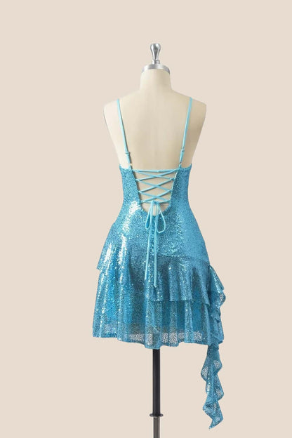Straps Hot Pink Sequin Ruffle A-line Dress