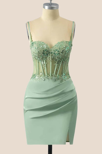 Straps Blue Appliques Ruched Tight Dress