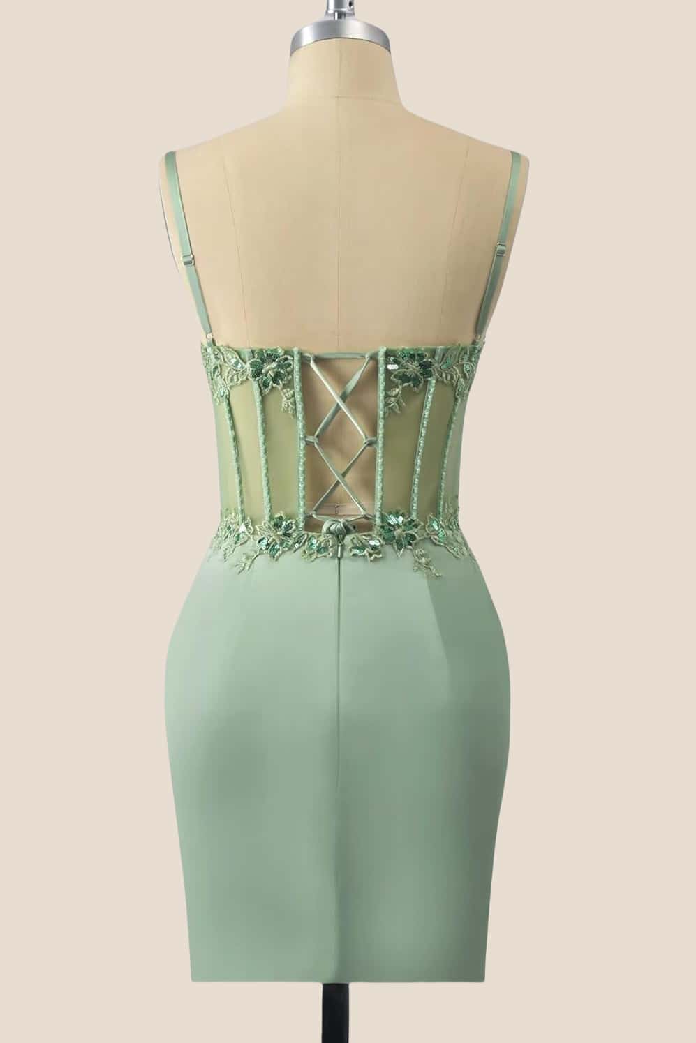 Straps Sage Green Appliques Ruched Tight Dress