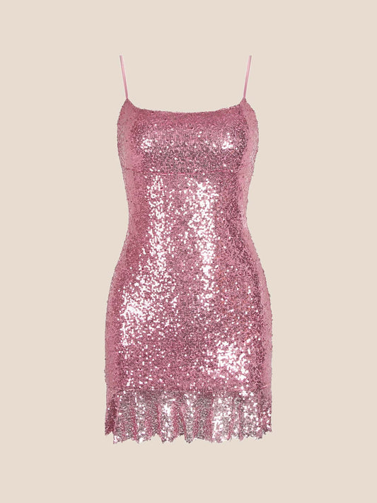Pink Sequin Ruffle Hem Short Dress