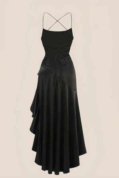 Straps Red Satin Ruffle Slit Party Dress