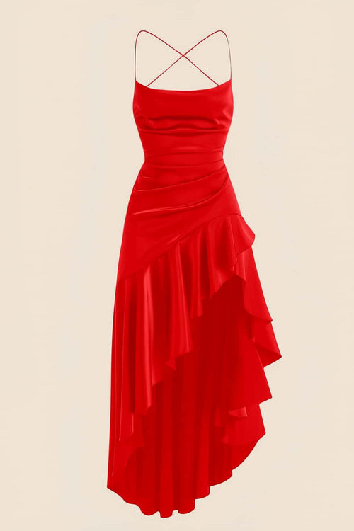 Straps Red Satin Ruffle Slit Party Dress