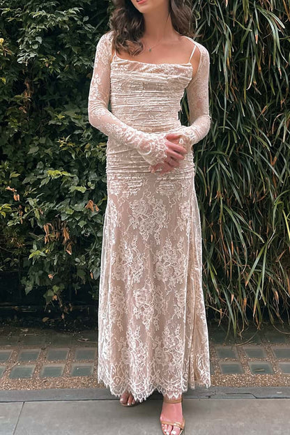 Straps Ivory Lace Fitted Party Dress