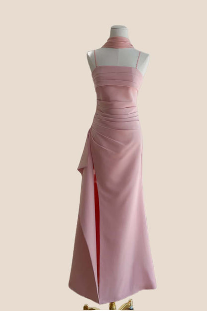 Pink Straps Ruched Frill Long Dress