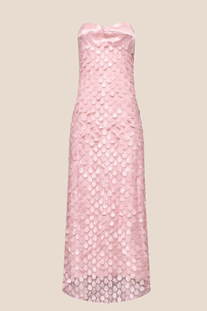 Pink Strapless Teardrop Applique Long Dress