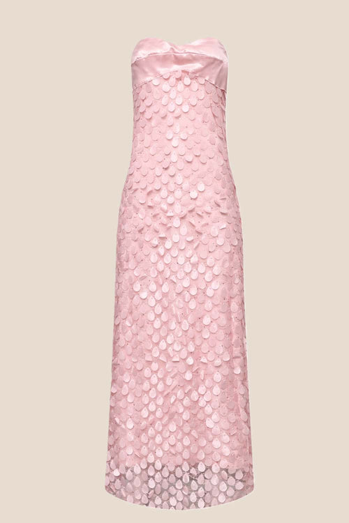 Pink Strapless Teardrop Applique Long Dress