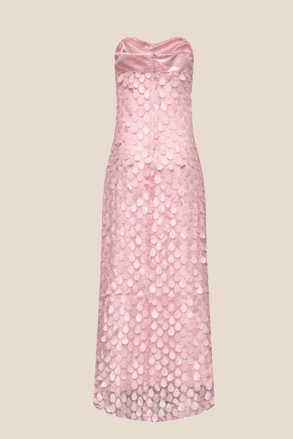 Pink Strapless Teardrop Applique Long Dress