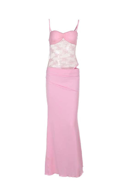 Pink Straps Cutout Ruched Fitted Long Dress