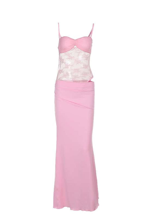 Pink Straps Cutout Ruched Fitted Long Dress
