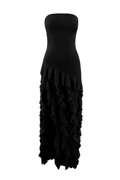 Pink Strapless Ruffle Slit Long Dress