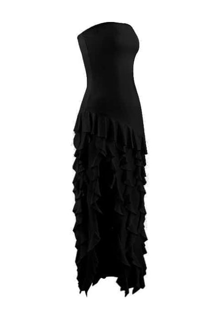 Pink Strapless Ruffle Slit Long Dress