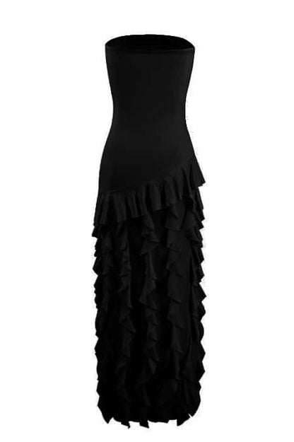 Pink Strapless Ruffle Slit Long Dress