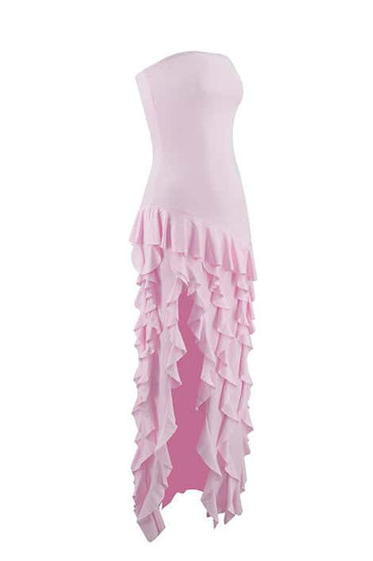 Pink Strapless Ruffle Slit Long Dress