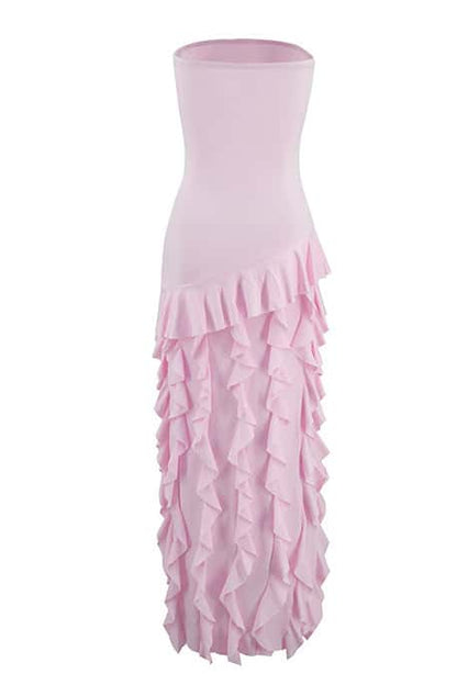 Pink Strapless Ruffle Slit Long Dress