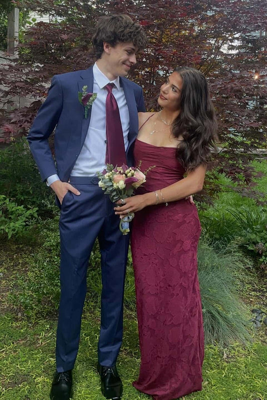 Straps Burgundy Lace Fitted Long Dress