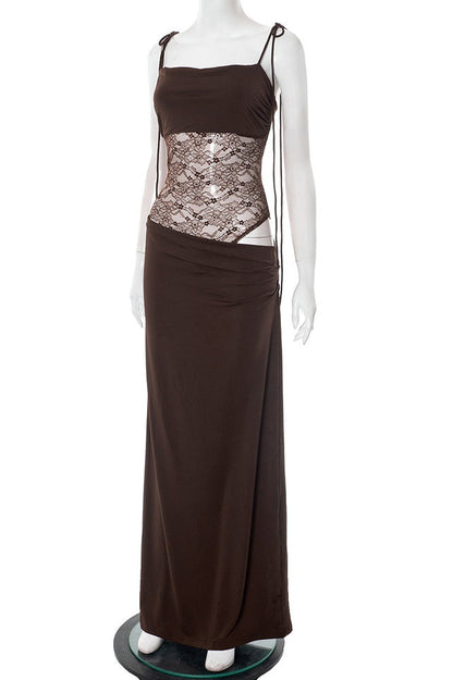 Straps Burgundy Sheer Tight Long Dress