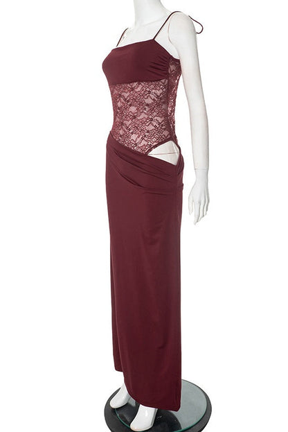 Straps Burgundy Sheer Tight Long Dress