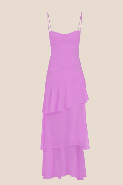 Straps Plum Chiffon Ruffle Maxi Dress