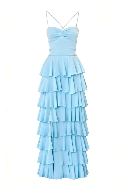 Pink Straps Ruched A-line Ruffle Maxi Dress