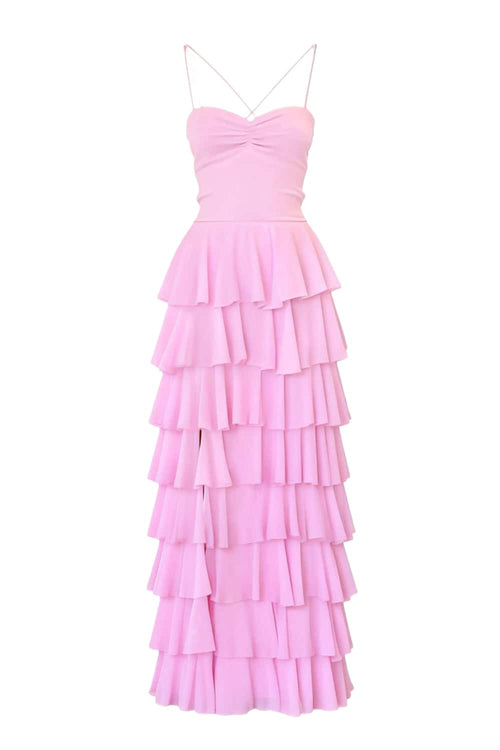 Pink Straps Ruched A-line Ruffle Maxi Dress