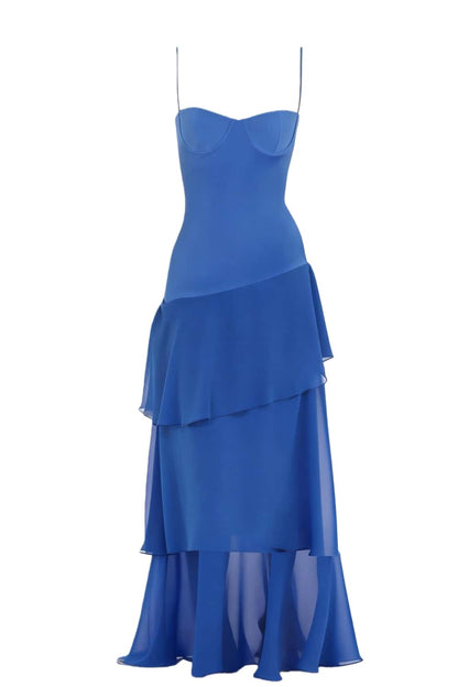 Straps Plum Chiffon Ruffle Maxi Dress