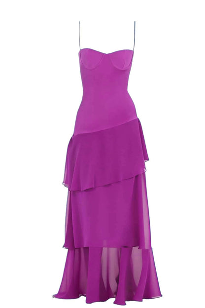 Straps Plum Chiffon Ruffle Maxi Dress