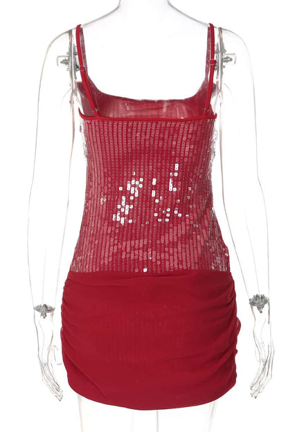 Pink Sequin Straps Ruched Tight Mini Dress