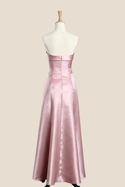 Pink Satin Knot A-line Long Bridesmaid Dress