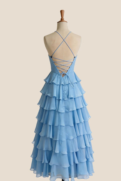 Straps Blue Chiffon Ruffle A-line Prom Dress