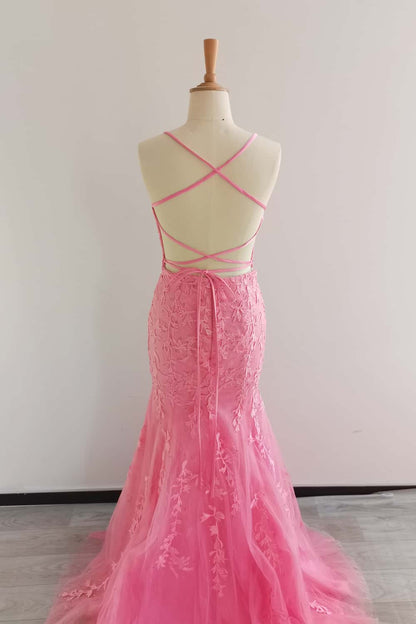 Straps Hot Pink Lace Mermaid Long Prom Dress