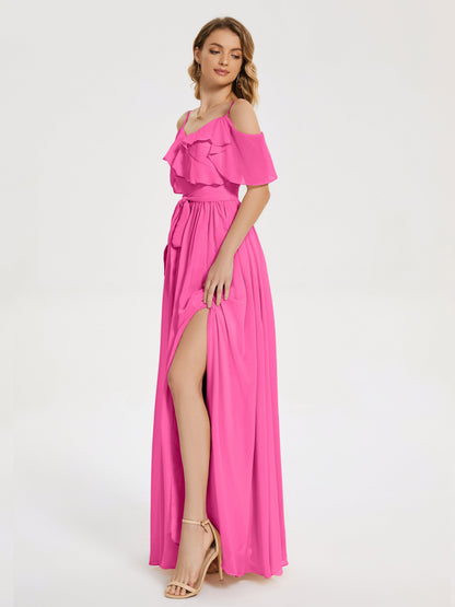 Thea Off the Shoulder Slit Chiffon Bridesmaid Dress