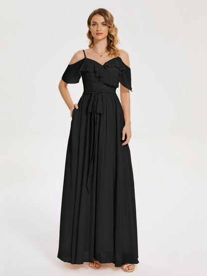 Thea Off the Shoulder Slit Chiffon Bridesmaid Dress