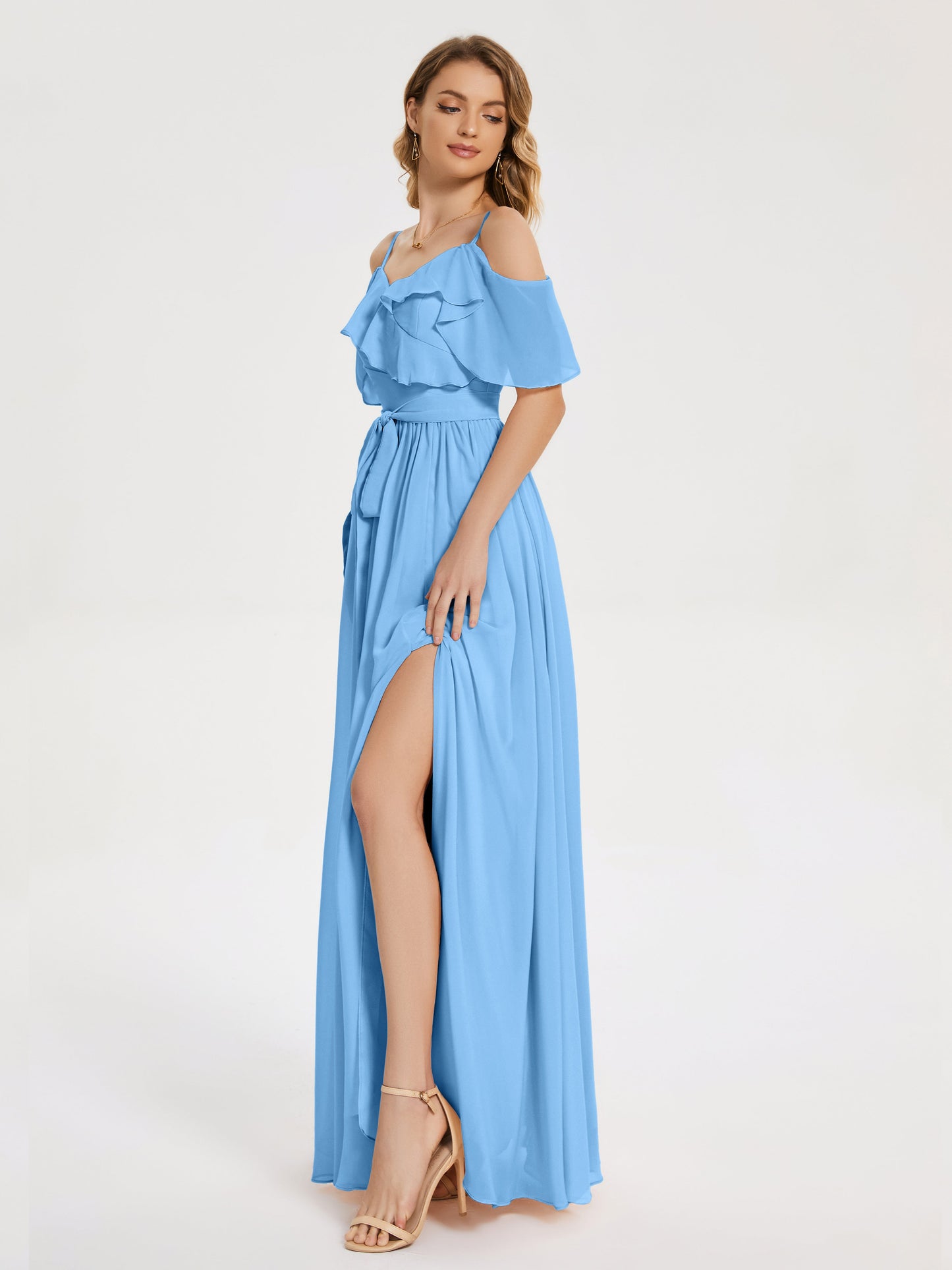 Thea Off the Shoulder Slit Chiffon Bridesmaid Dress