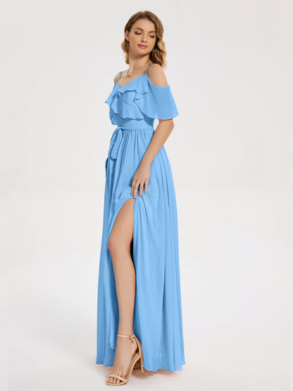 Thea Off the Shoulder Slit Chiffon Bridesmaid Dress