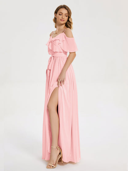 Thea Off the Shoulder Slit Chiffon Bridesmaid Dress