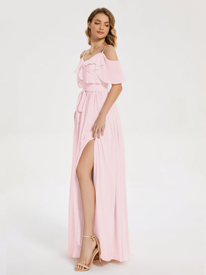 Thea Off the Shoulder Slit Chiffon Bridesmaid Dress