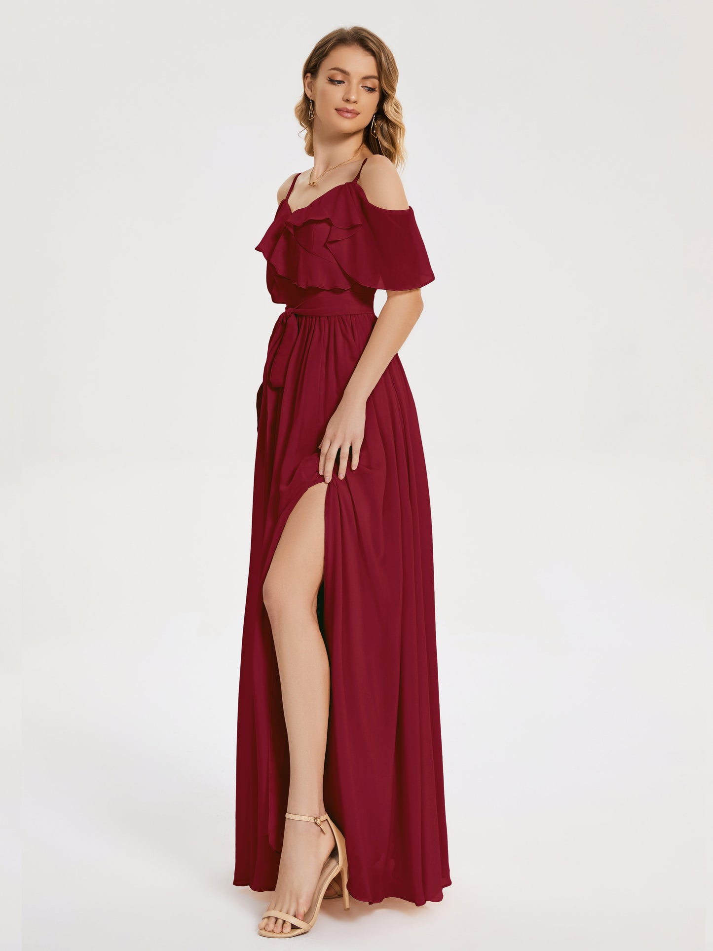 Thea Off the Shoulder Slit Chiffon Bridesmaid Dress