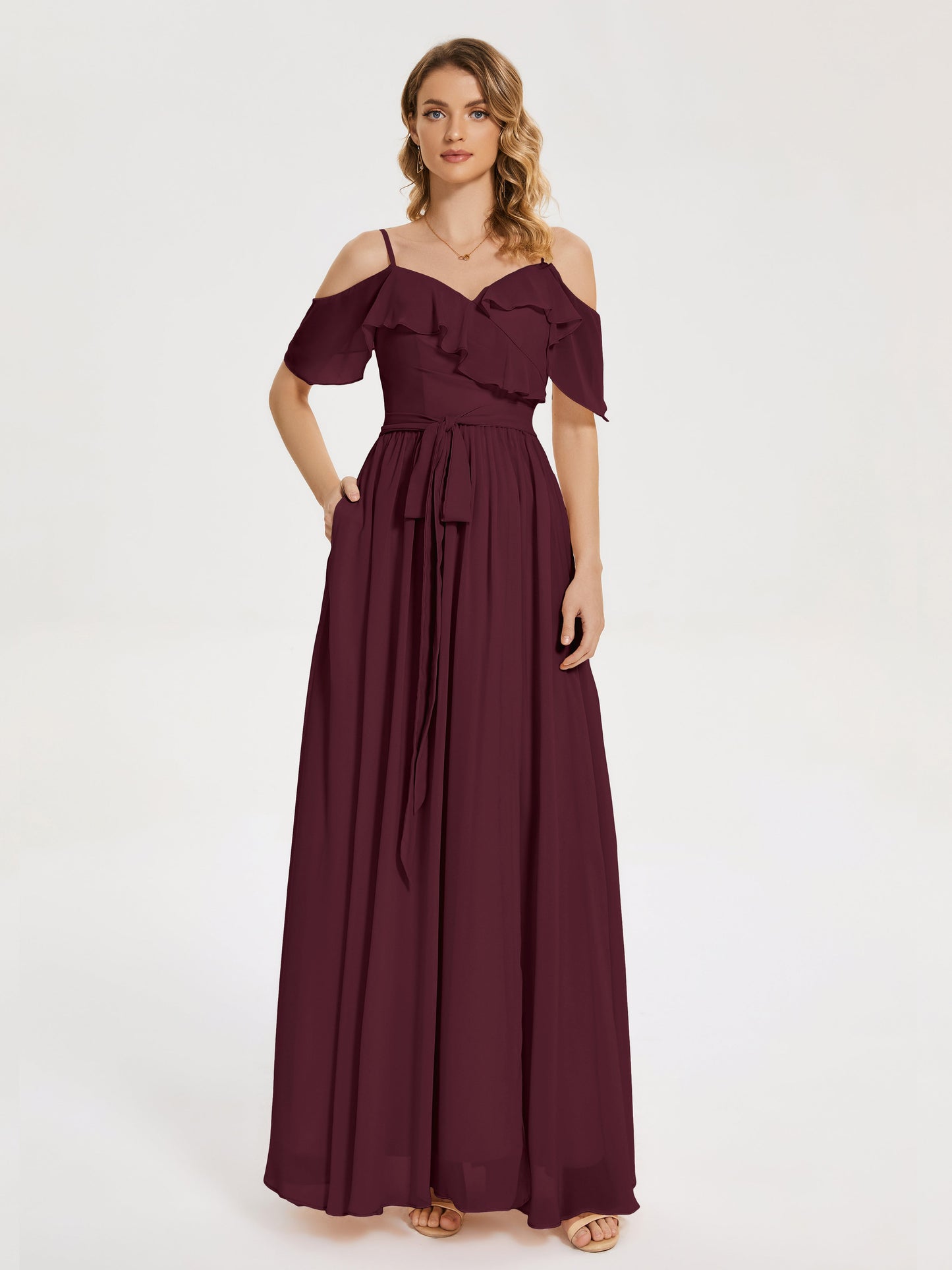 Thea Off the Shoulder Slit Chiffon Bridesmaid Dress