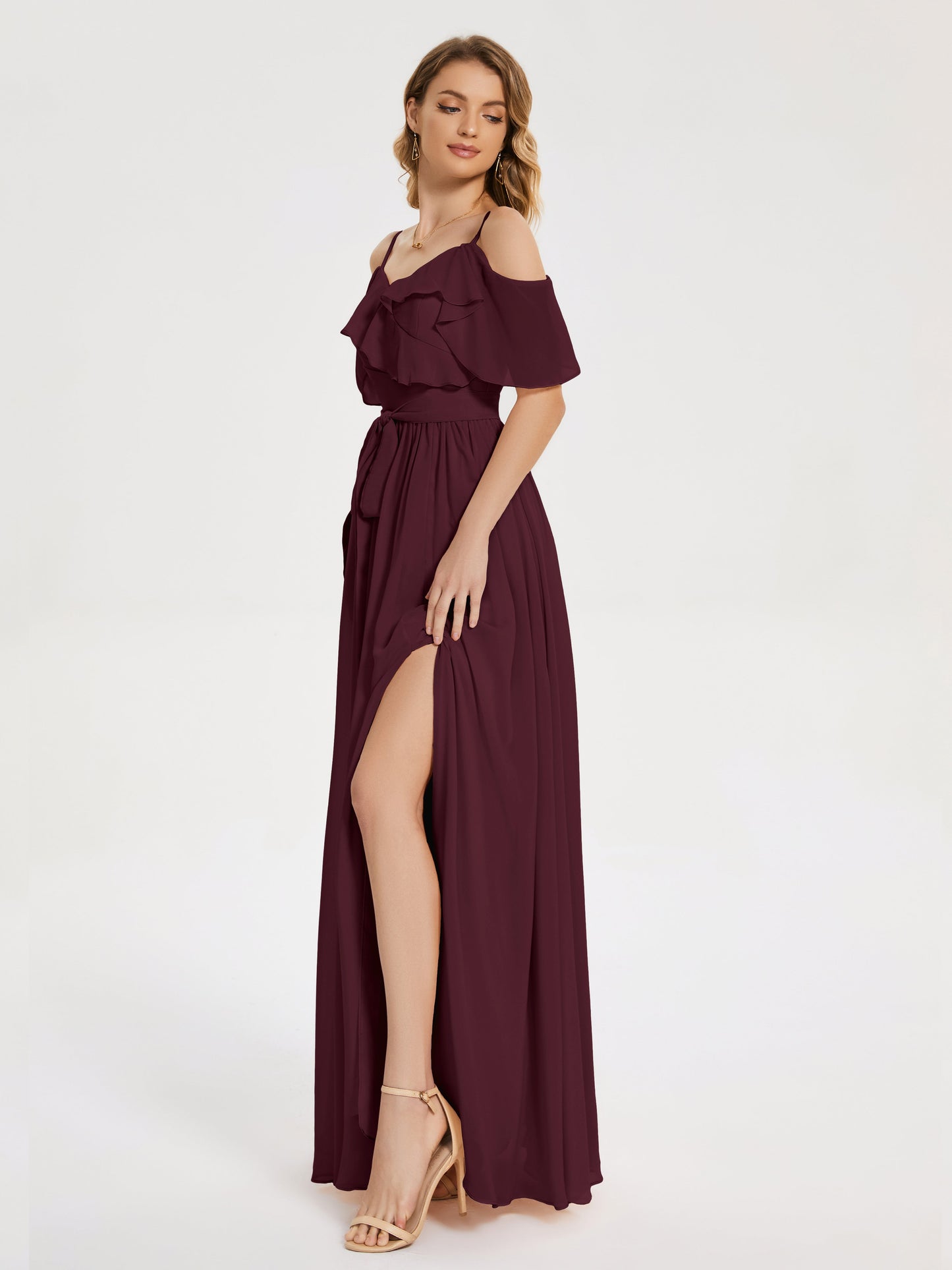 Thea Off the Shoulder Slit Chiffon Bridesmaid Dress