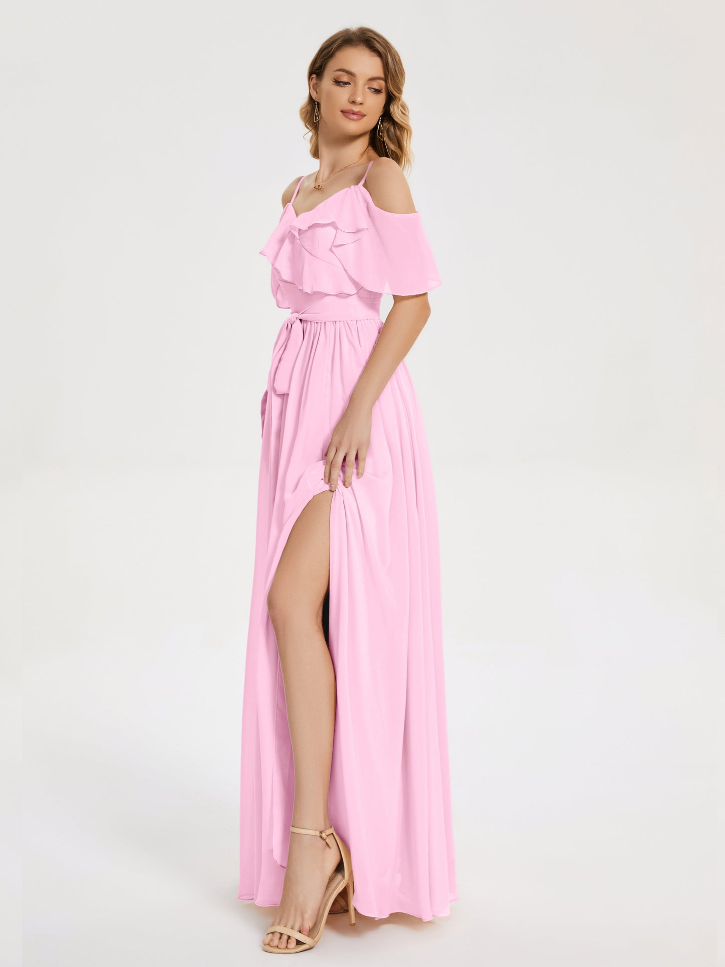 Thea Off the Shoulder Slit Chiffon Bridesmaid Dress