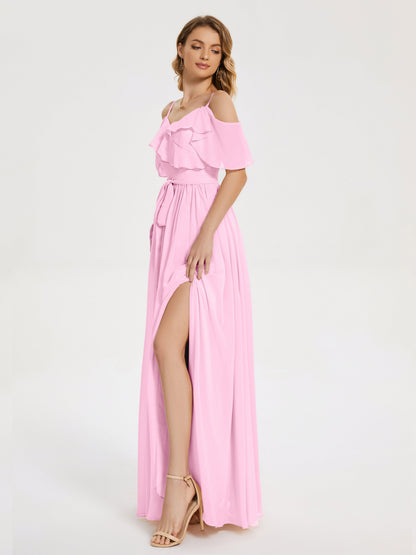 Thea Off the Shoulder Slit Chiffon Bridesmaid Dress