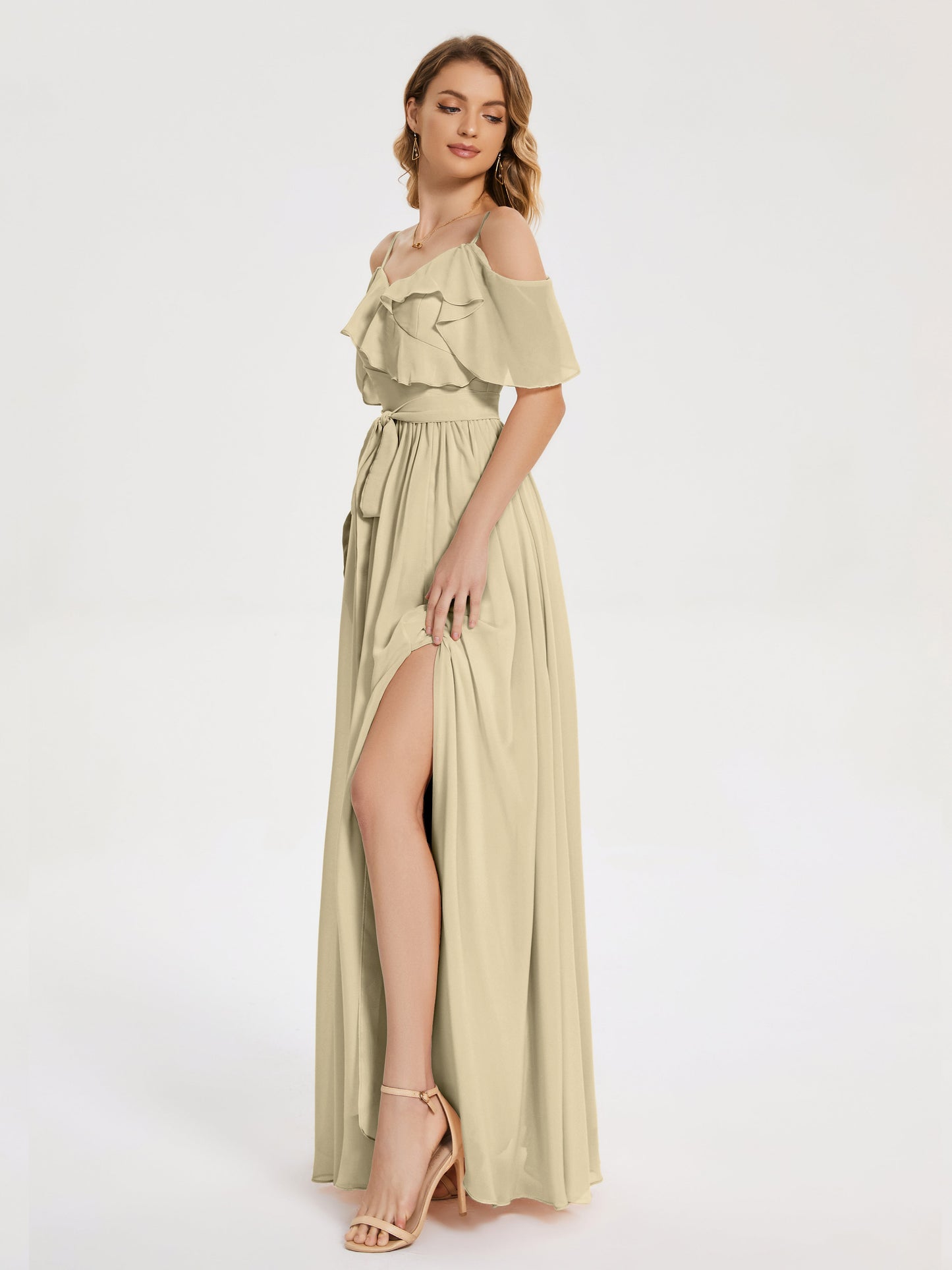 Thea Off the Shoulder Slit Chiffon Bridesmaid Dress