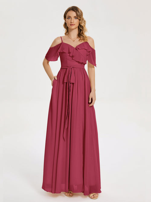 Thea Off the Shoulder Slit Chiffon Bridesmaid Dress